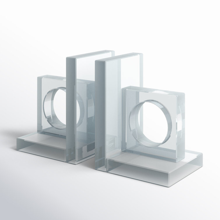 Clear Glass Geometric Non-Skid Bookends with Circle Cut Outs