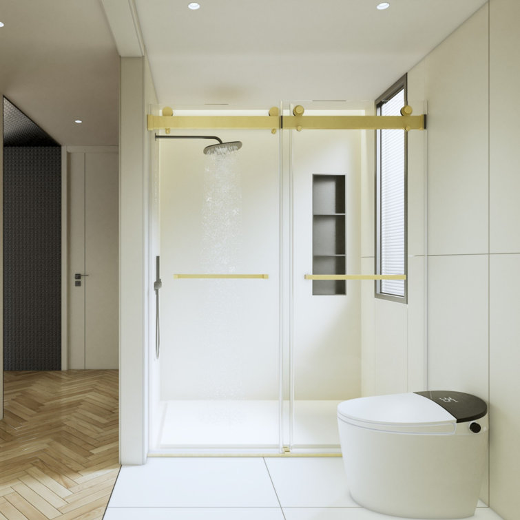 Brushed Gold Frameless Double Sliding Shower Door with Clear Glass