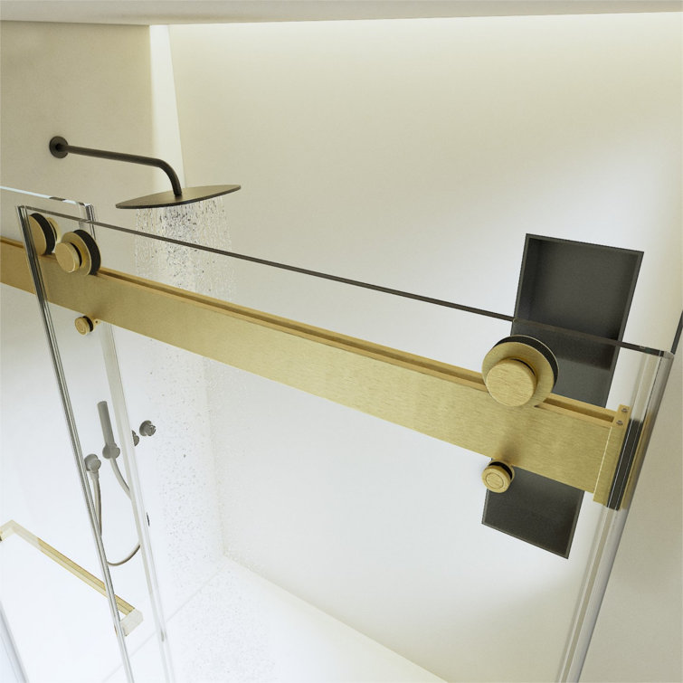 Brushed Gold Frameless Double Sliding Shower Door with Clear Glass
