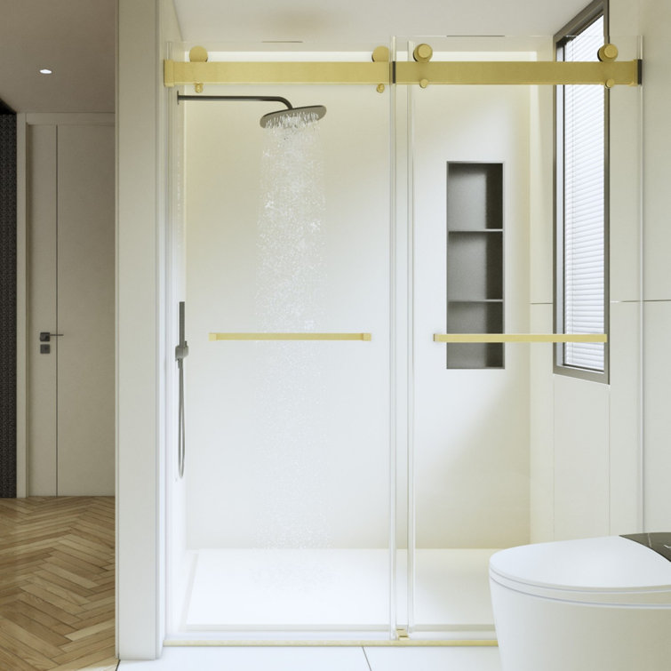 Brushed Gold Frameless Double Sliding Shower Door with Clear Glass