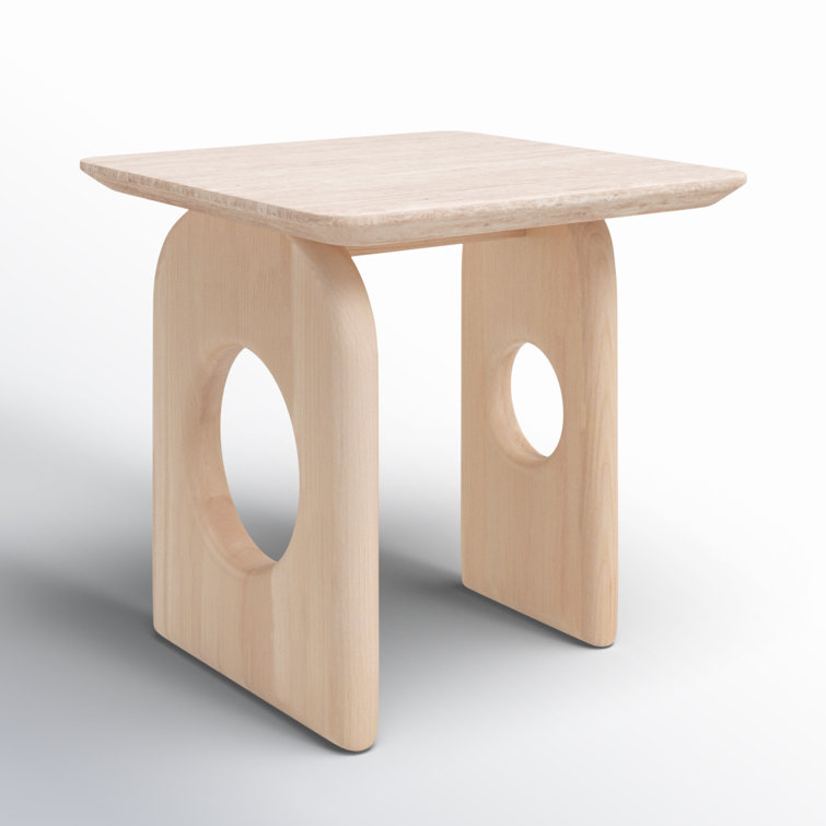 Beige Faux Marble and Ash Wood Square End Table