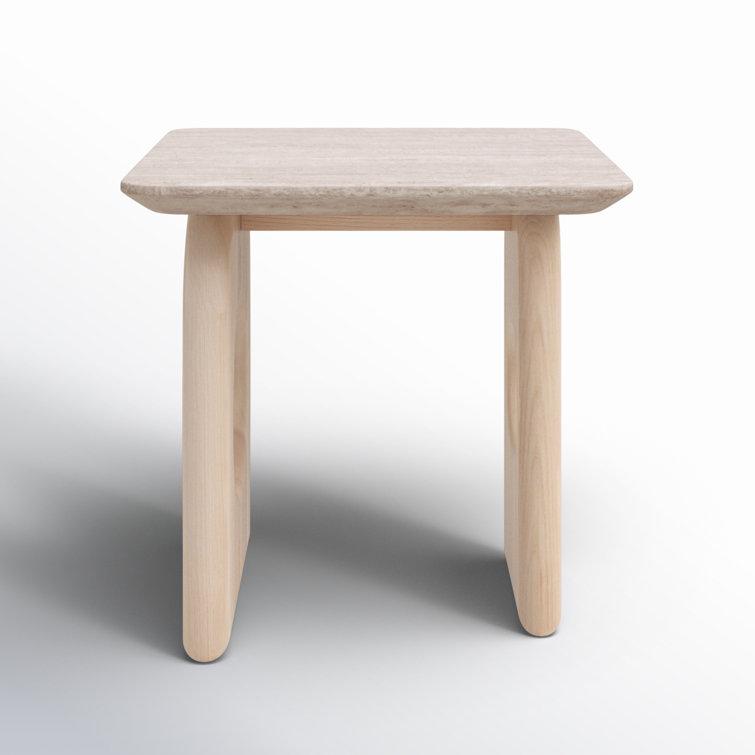 Beige Faux Marble and Ash Wood Square End Table