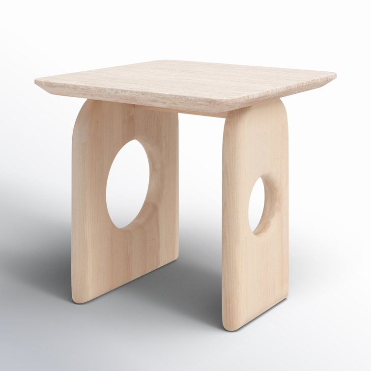 Beige Faux Marble and Ash Wood Square End Table