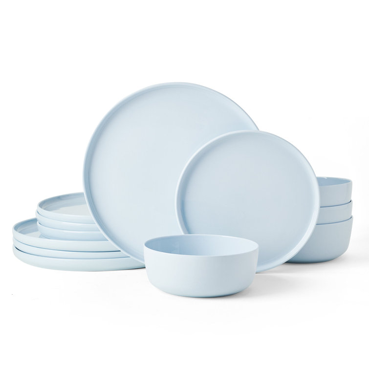 Misty Blue and White Porcelain 12-Piece Dinnerware Set, Service for 4