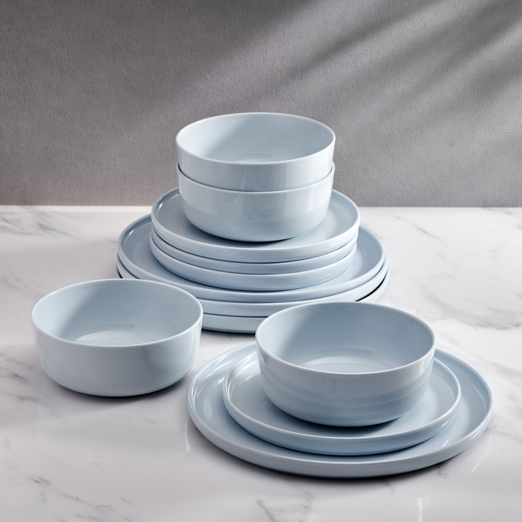 Misty Blue and White Porcelain 12-Piece Dinnerware Set, Service for 4