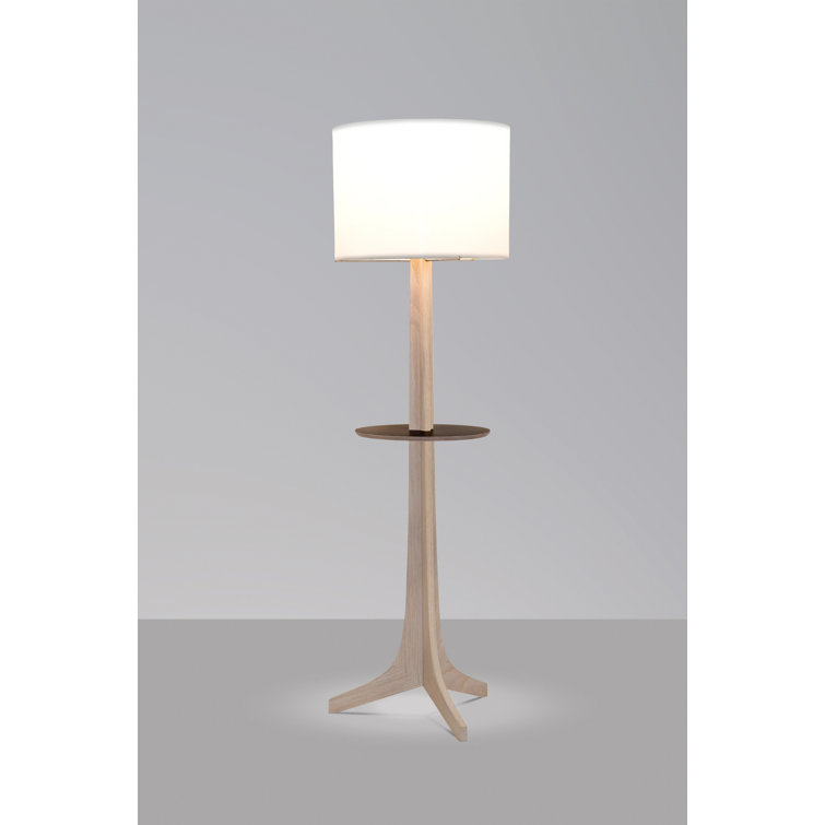 White Linen Tripod Floor Lamp with Oak Shelf