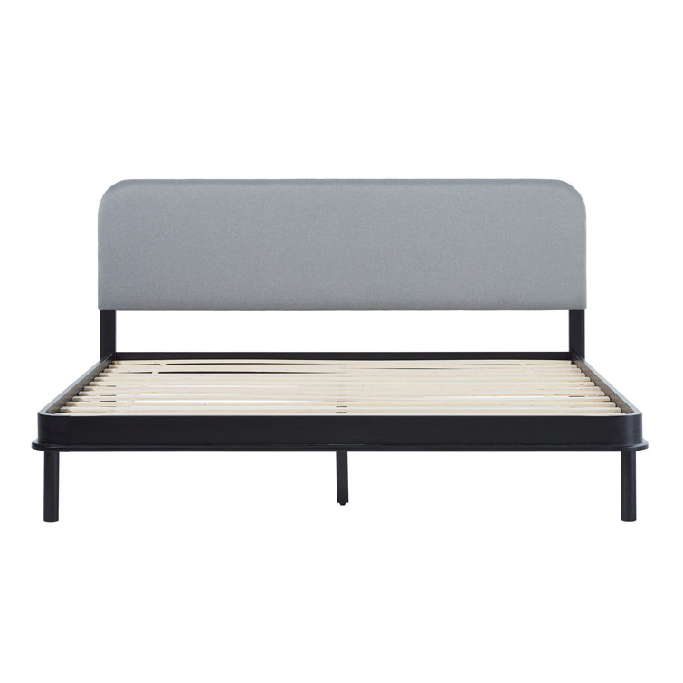 Contemporary Black Pine Wood King Bed with Gray Upholstered Headboard