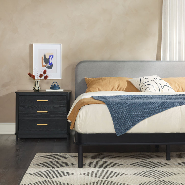 Contemporary Black Pine Wood King Bed with Gray Upholstered Headboard