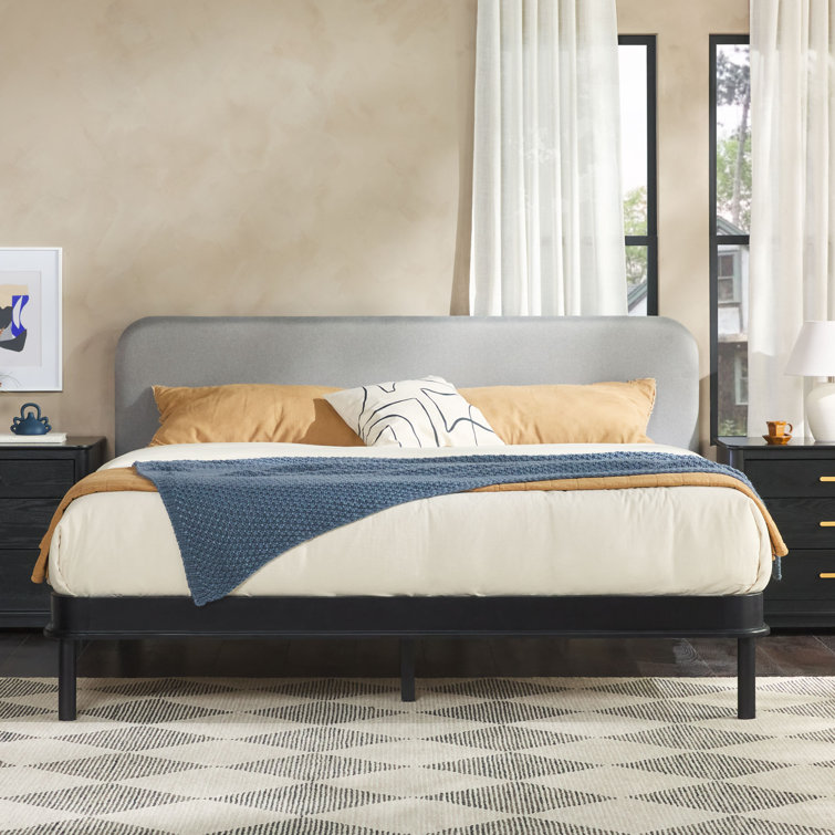 Contemporary Black Pine Wood King Bed with Gray Upholstered Headboard