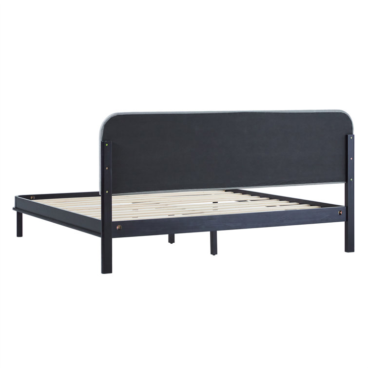 Contemporary Black Pine Wood King Bed with Gray Upholstered Headboard