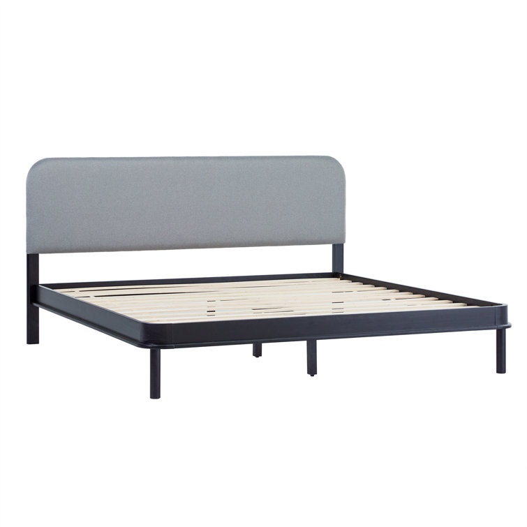 Contemporary Black Pine Wood King Bed with Gray Upholstered Headboard