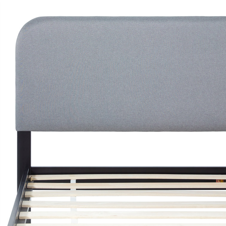Contemporary Black Pine Wood King Bed with Gray Upholstered Headboard