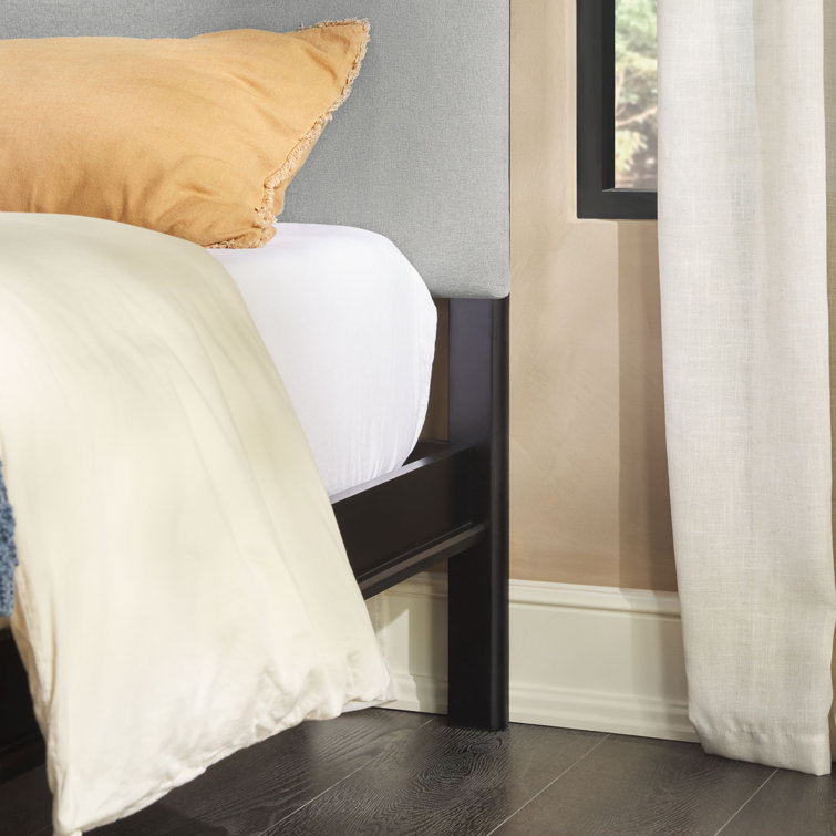 Contemporary Black Pine Wood King Bed with Gray Upholstered Headboard