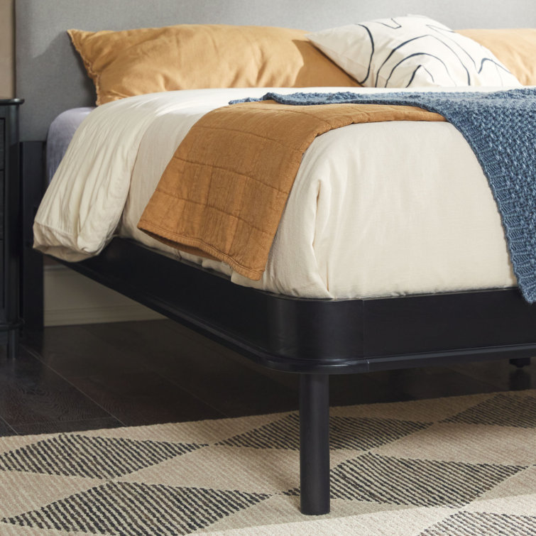 Contemporary Black Pine Wood King Bed with Gray Upholstered Headboard