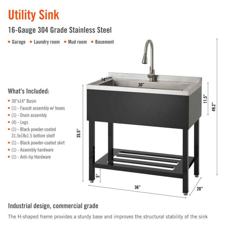 Stainless Steel Freestanding Utility Sink with Pull-Out Faucet