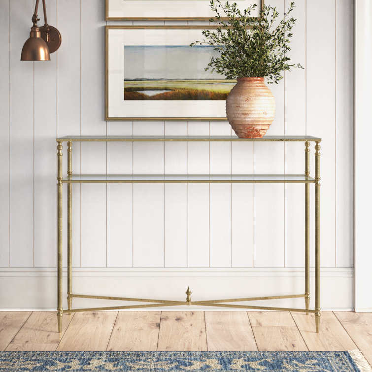 Elegant Gold Leaf Mirrored Console Table with Glass Shelf