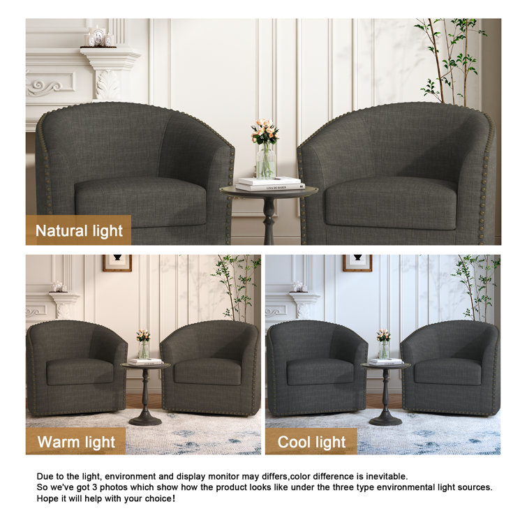Gray Polyester Blend Swivel Barrel Chair Set with Nailhead Trim