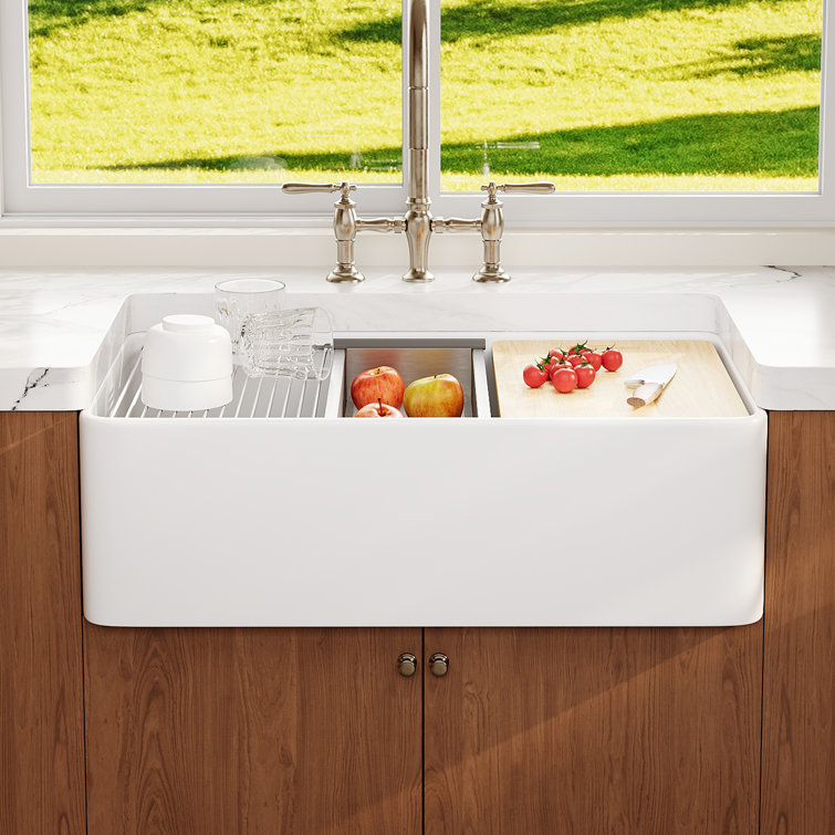 Crisp White Ceramic Single Bowl Farmhouse Workstation Sink