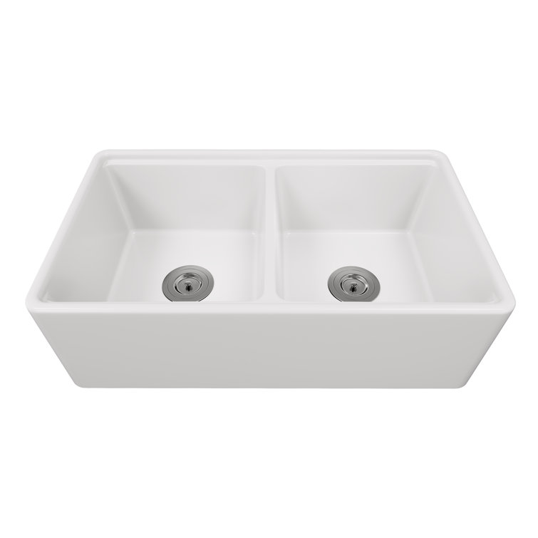 Crisp White Ceramic Double Bowl Farmhouse Kitchen Sink with Accessories