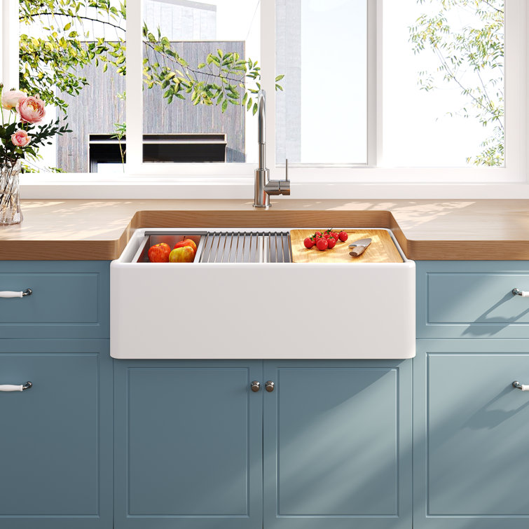 Crisp White Ceramic Double Bowl Farmhouse Kitchen Sink with Accessories