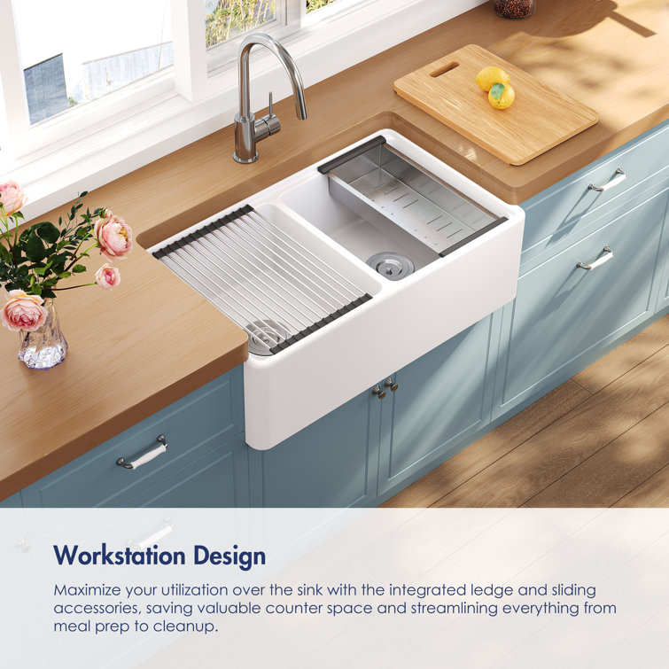 Crisp White Ceramic Double Bowl Farmhouse Kitchen Sink with Accessories