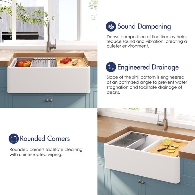 Crisp White Ceramic Double Bowl Farmhouse Kitchen Sink with Accessories
