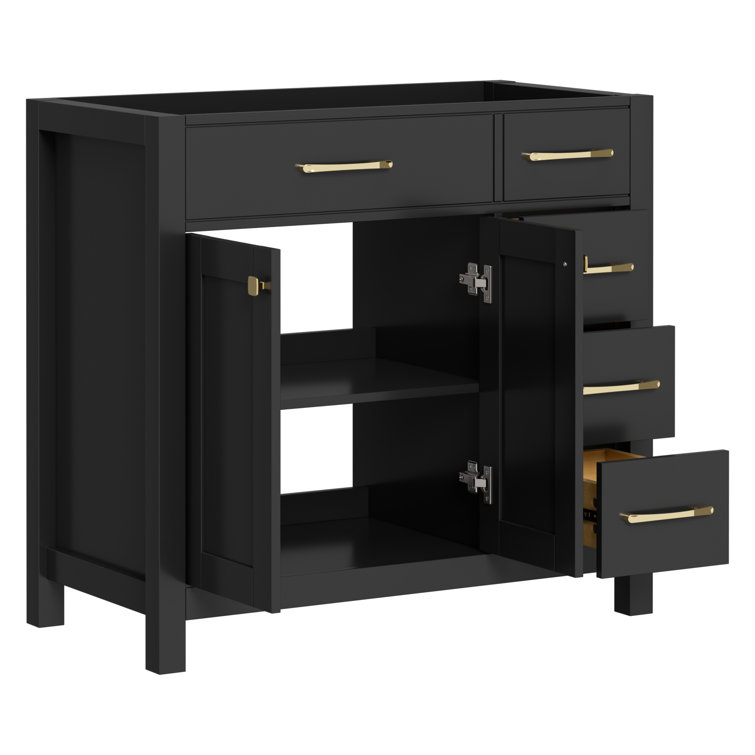 36 Inch Black Freestanding Bathroom Vanity Base with Gold Hardware
