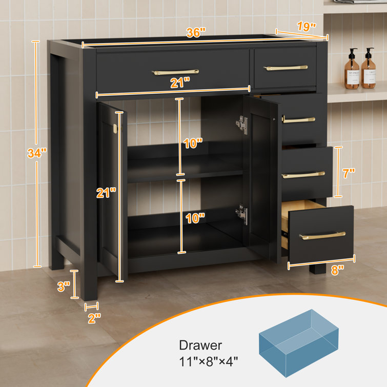36 Inch Black Freestanding Bathroom Vanity Base with Gold Hardware