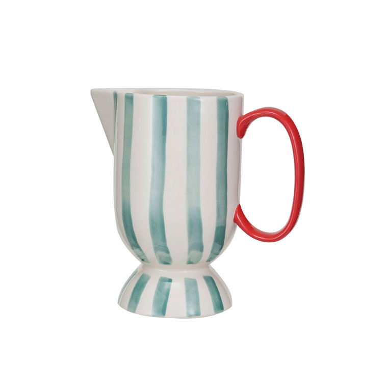 Hand-Painted Aqua and Red Stoneware Footed Pitcher