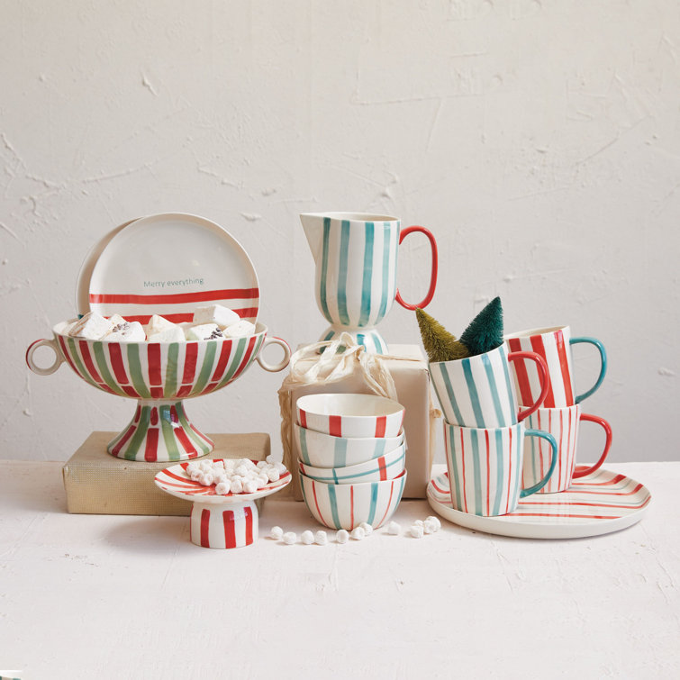 Hand-Painted Aqua and Red Stoneware Footed Pitcher