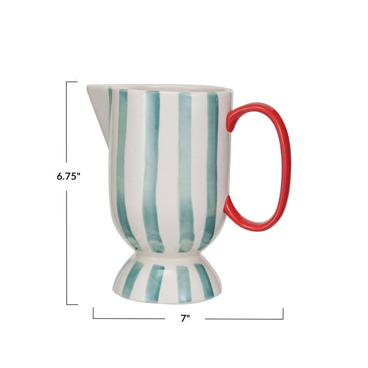 Hand-Painted Aqua and Red Stoneware Footed Pitcher