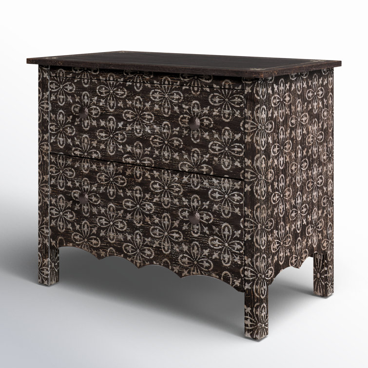 Rustic Black Floral 2-Drawer Nightstand with Oak Veneers