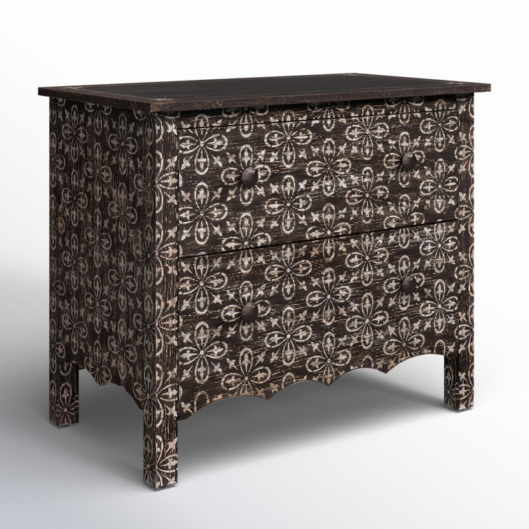 Rustic Black Floral 2-Drawer Nightstand with Oak Veneers