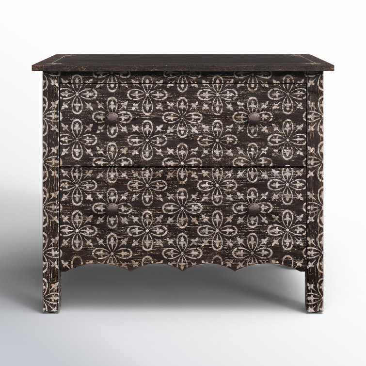 Rustic Black Floral 2-Drawer Nightstand with Oak Veneers