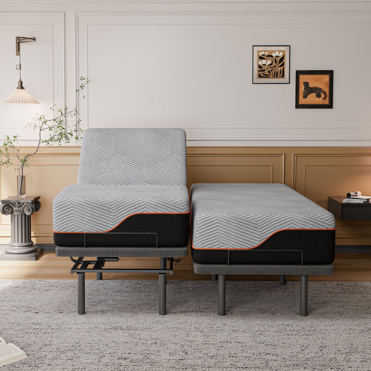 ESHINE Split King Adjustable Bed with 14-Inch Gray and Black Memory Foam Mattress