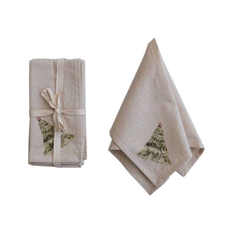 Natural Cotton Christmas Tree Printed Napkins, Set of 4