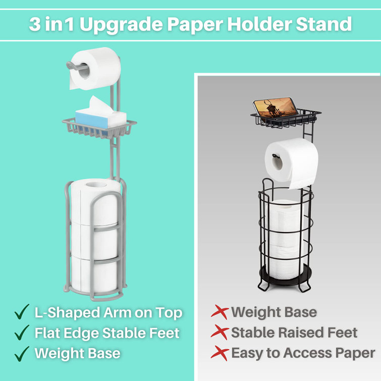 Silver Gray Freestanding Toilet Paper Holder with Shelf and Storage