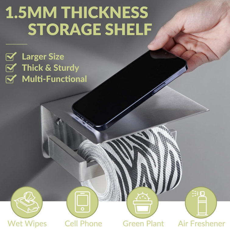 Brushed Nickel Stainless Steel Toilet Paper Holder with Phone Shelf
