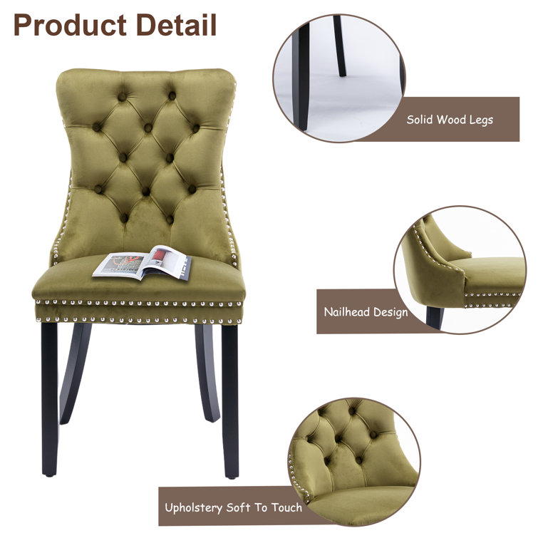 Olive Velvet Upholstered Dining Chairs with Nailhead Trim, Set of 6