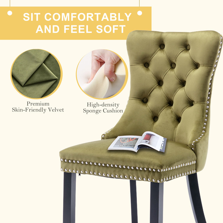 Olive Velvet Upholstered Dining Chairs with Nailhead Trim, Set of 6