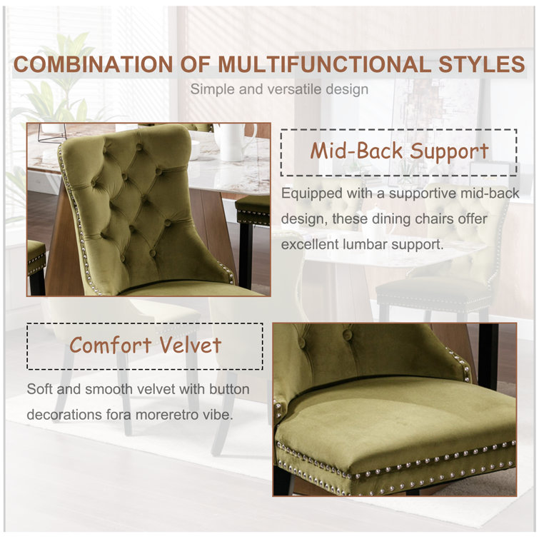 Olive Velvet Upholstered Dining Chairs with Nailhead Trim, Set of 6