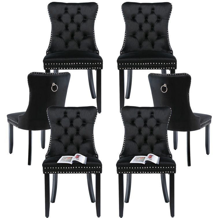 Black Velvet Tufted High Back Dining Chairs Set of 6