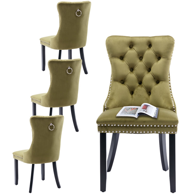 Olive Velvet Upholstered Dining Chairs with Nailhead Trim, Set of 6
