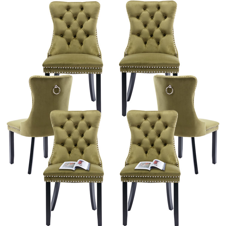 Olive Velvet Upholstered Dining Chairs with Nailhead Trim, Set of 6