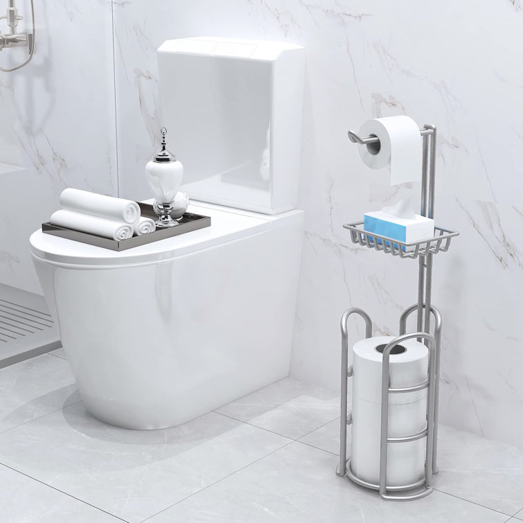 Silver Gray Freestanding Toilet Paper Holder with Shelf and Storage