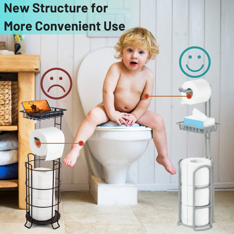 Silver Gray Freestanding Toilet Paper Holder with Shelf and Storage