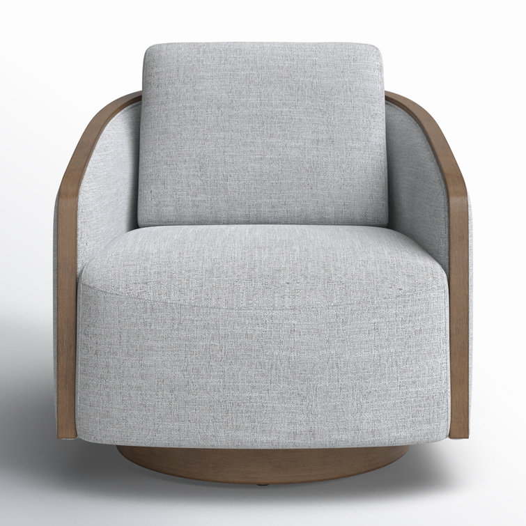 Gray Heathered Tweed Swivel Barrel Chair with Wood Frame