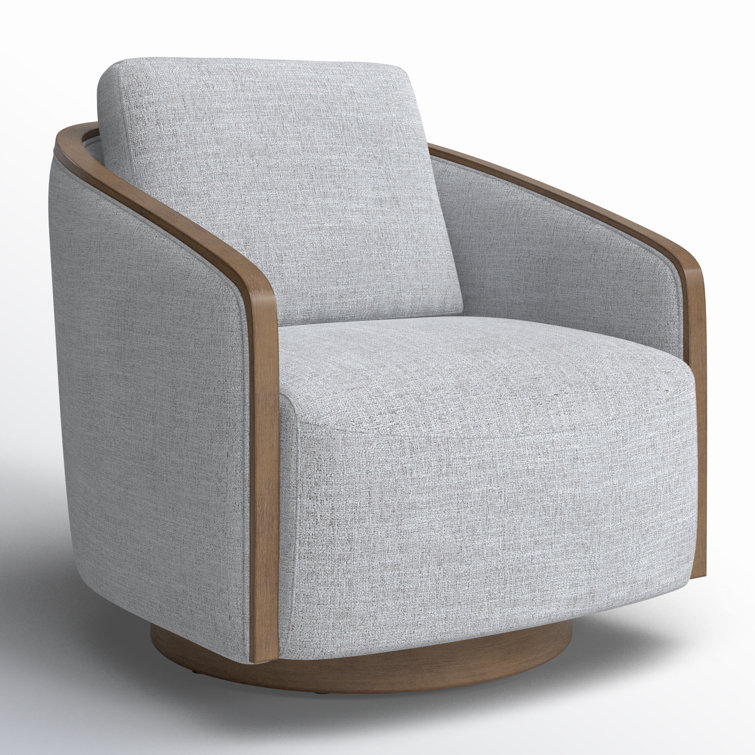 Gray Heathered Tweed Swivel Barrel Chair with Wood Frame