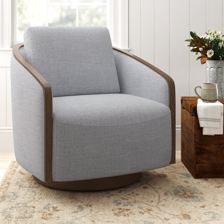 Gray Heathered Tweed Swivel Barrel Chair with Wood Frame
