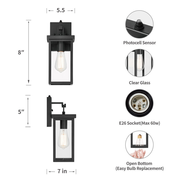 Black Metal and Glass Outdoor Wall Lantern Sconce with Photocell